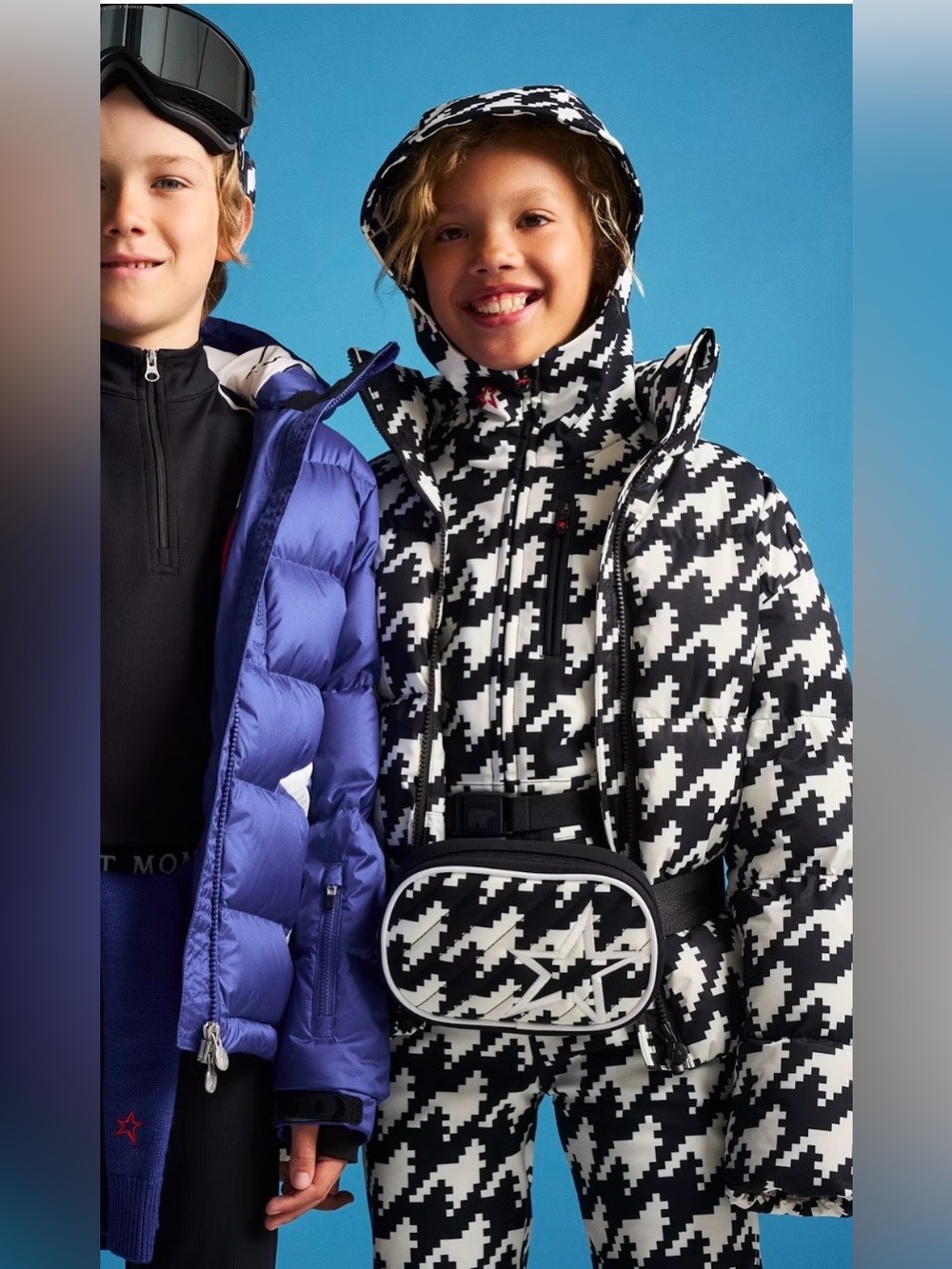 Perfect Moment Kids Nuuk Down Puffer Jacket and Isola bib pant houndstooth snow
